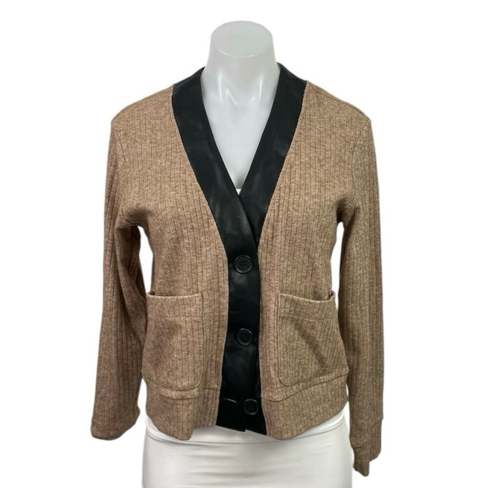 Robertson & Rodeo Tan Black Ribbed Knit V Neck Pocket Cardigan Sweater Top Sz S